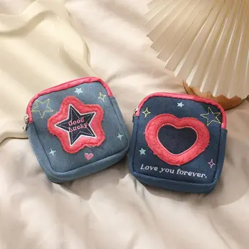 Деним портфейл Star с бродерия Kawaii Y2K Квадратна малка чанта за слушалки Love Heart Косметичка на открито