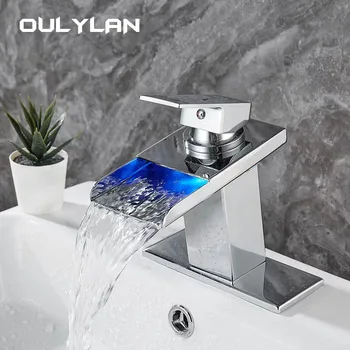 Смесител за водопада с led осветление, което променя цвета на водата, смесител за мивка в банята, мат комплект от неръждаема стомана, Голяма мивка