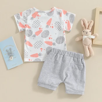 Великден дрешки за малки момчета с принтом под формата на яйца и моркови, ризи с къс ръкав, блузи, къси Панталони, Комплект летни дрехи от 2 теми