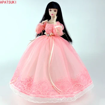Розова принцеса рокля ръчна изработка на кукли Барби с пищни ръкави, Дълга вечерна рокля с лък, екипировки, дрехи, аксесоари за кукли 1/6, Детски играчки