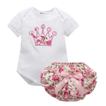 Детски монофонични топ с принтом корона и красиви штанишками от полипропилен За новородени Момичета, сладък топ с къс ръкав, гащеризон, Чорапогащник, къси Панталони, комплект