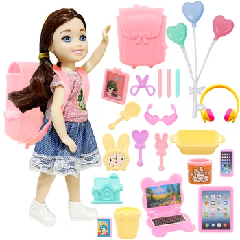 Модни 1 бр. кукла 5.4 инча + поли, раници, обувки, компютри, други аксесоари за Подарък за рожден ден за момиче, Подарък за деца