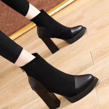 2023 обувки за жени жени на глезените ботуши модерни обувки на платформа за жени стадо цип отзад са остри пръсти буци високи токчета на обувките на Жената