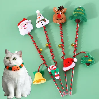 Коледна забавно котешка стик за домашни котки, плюшени cartoony камбанка, Тръстика, Дърво, Звукова Интерактивна играчка, тренировочная нож
