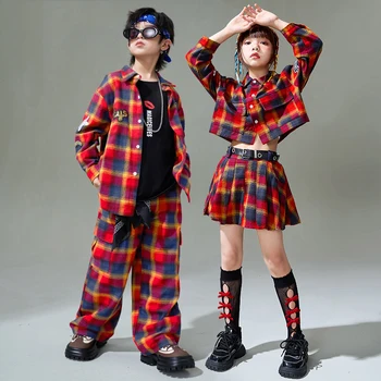 Нов танцов костюм в стил хип-хоп, детски модни дрехи, Червен клетчатая риза, Панталони, дрехи за джаз изпълнения за момичета, панорамен костюм Kpop BL11865