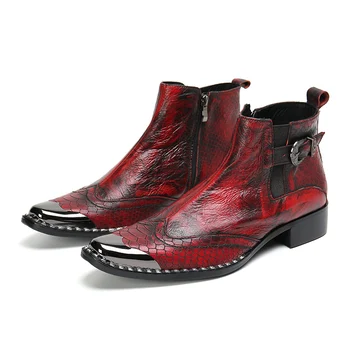 Зимни Мъжки обувки от естествена кожа с червен метален пръсти голям размер, каубойски къси ботуши с катарама и мълнии, бизнес вечерни мъжки ботильоны за партита