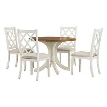 Кръгла маса за хранене от масивно дърво от 5 теми, кухненска маса с тапицирани столове за малки помещения, маса от орехово дърво +