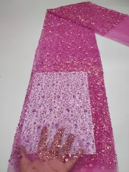 Африканска лейси тъкани от тюл с пайети 2023, висококачествена дантела материал, Френското шиене, Нигерийски дантелени тъкани от мъниста за вечерните рокли