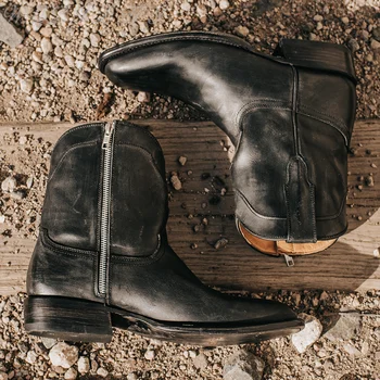 Модерни ботуши от естествена кожа, черен на цвят, мъжки градинска ежедневни обувки са ръчно изработени в западен стил със страничен цип, зимни топли удобен модел обувки