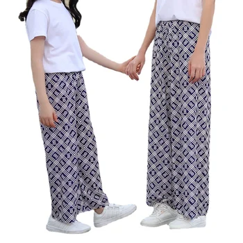 Подходящо облекло за майки и дъщери, Летни панталони с шарени, дълги, широки, на пипане са ледени, Стръмни и Дълги панталони за момичета и деца