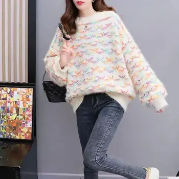 Имитация на норкового кадифе, дъгата пуловер, пуловер за жени, есен-зима 2023, Корейски свободен универсален пуловер, пуловер женски