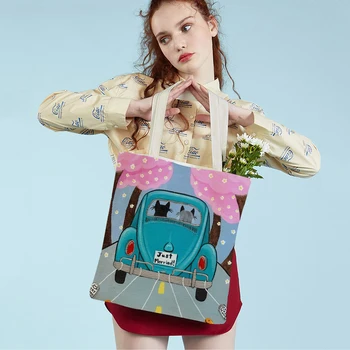 Модни скъпа чанта-тоут с принтом котка в формата на автомобил, домашни любимци, мультяшное животно, платно, Сгъваема множество Тъканно Дамски пазарска чанта през рамо