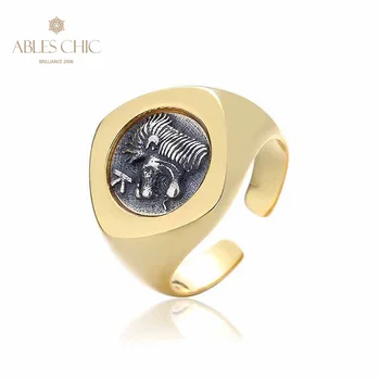 Сребърна монета под формата на диамант с гръцкия лъв и кабаном от злато 18 Карата и сребро 925 проба, римски монети, Винтажное пръстен R1044