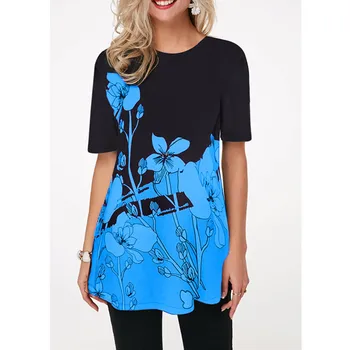 Дамски тениски с абстрактно цвете 3D печат Къс ръкав Мода Тънък Нередовен Ообразный яка Жена одеждаТопы Улични законодателите на модата