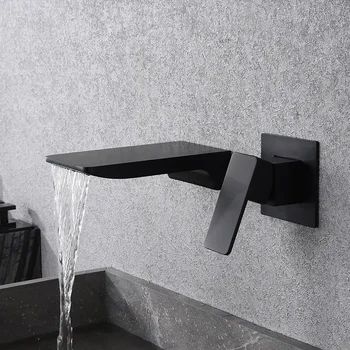 Креативен стенен смесител с водопад, Медно-черно Мивка за топла и студена вода, Вграден Межплатформенный Скрит смесител за мивка