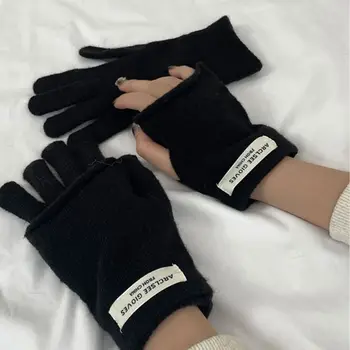 1 чифт Трикотажни Ръкавици с Двойна употреба, Топли Зимни Ръкавици От Изкуствена Кашмир Без Пръсти, Ръкавици без пръсти За Момичета, Студент Писмо