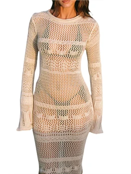 Louatui, Секси лятна рокля-бикини, Открита прозрачна рокля Midi, вязаное на една кука, с дълъг ръкав и кръгло деколте
