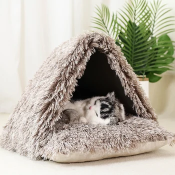 Котешка легло-пещера за домашни котки и малки кучета, моющаяся Сгъваема с подвижна възглавница за зимни домашни любимци, къщичка за кученца