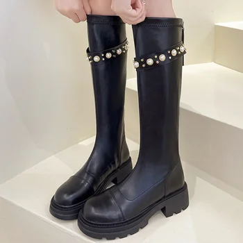 Дамски ботуши 2023 Нова мода Темперамент на Жените с дълги ботуши С кръгло бомбе на квадратен ток на мълния Дамски памучен обувки Mujer