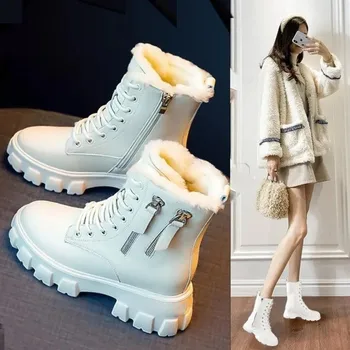 Дамски ботильоны на платформа от изкуствена кожа, дантела, с цип, изолирана плюшени зимни обувки, Дамски зимни нескользящая топло памучен обувки 2023 година на издаване