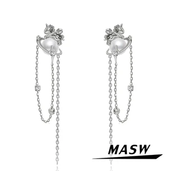 MASW Оригинален дизайн, Красиви Животни, със сребърно покритие, с високо качество Стъклени обеци-на веригата за доставки с пискюли За момичета, Дамски Подарък бижутата