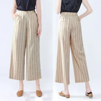 Памучни широки панталони с висока талия от коноп за жени, летни панталони с драпировкой в тънки вертикални райета, прави панталони, Свободни скъсяване на панталон