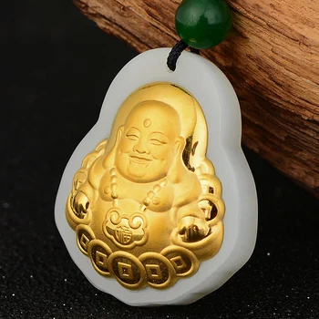 Окачване от настоящето Хотанского jade за жени, 4D Масивна Златна монета, Голям Корем на Буда, Висулки от златно фолио