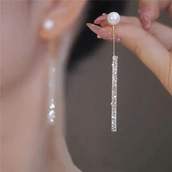 Корейски дълги висящи обеци с перли и четки за жени Луксозни обеци с кристали златен цвят, подарък за сватбени партита