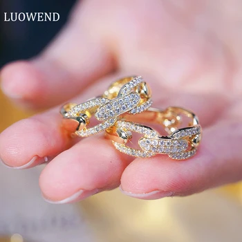 Пръстени LUOWEND от жълто злато, 18 карата, дизайн на модни вериги, годежен пръстен с диамант от естествен камък 0,30 карата, бижута в стил INS