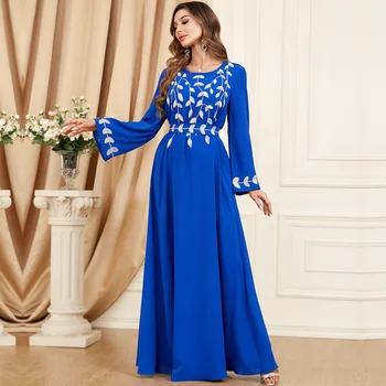Рамадан, Мароко, Близкия Изток, Дубай, Ново ежедневното арабското модно Синя рокля с бродерия на мъниста, мюсюлманската женствена рокля