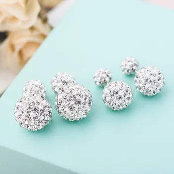 Сребърни обици-карамфили 925 проба, двупосочен кристална топка, чар, диамантена пиърсинг, женски накити, обеци с цирконием, подарък за рожден ден