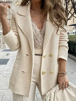 Новост 2024, дамски елегантен яке, модерен обикновен всекидневен яке-жилетка, женски яке с ревера в стила на малък аромат, връхна дреха с дълъг ръкав, яке