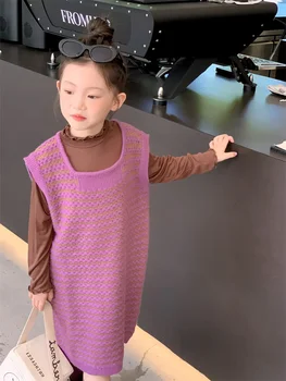 Рокля-жилетка с дълъг свитером за момичета, есента 2023, Нов Чужд дете, Корейски деца, Монофонични Жилетка, Есенен пуловер на гърба, връхни дрехи за момичета