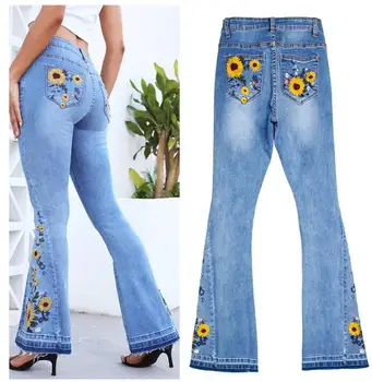 Дамски разкроена панталони, дънки с бродерия на цветя, тесни дънки-клеш