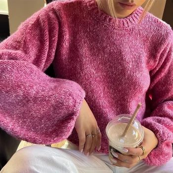 Модерен, секси дамски пуловери, плетени калъф за ежедневни пуловер с кръгло деколте и дълъг ръкав, без табли, Бандажные свободни блузи-чанти, дамски