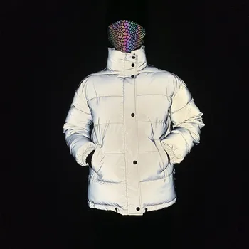 Холографски женски случайни отразяваща пуховик, уникална светоотражающая зимно яке с по-къси езда, велика фестивал зимни дрехи