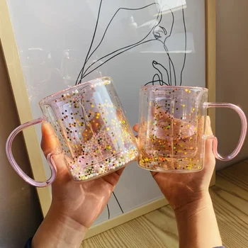 Двупластова Стъклена чаша с мехурчета в Корейски стил Pink Girl Сърце Стъкло, топлоизолация, Стъклена чаша за сок, Голяма дръжка, 280 мл