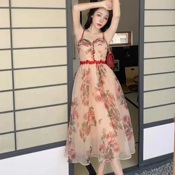 Женствена рокля с флорални подтяжками, лятото на 2022, Ново пищни рокля с бродерия от органза, френски елегантна рокля трапецовидна форма със средна дължина, с висока талия