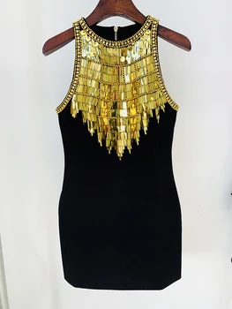 High STREET, най-новия модерен Стилно дизайнерско женствена рокля-риза без ръкави, с метални диаманти, расшитое мъниста