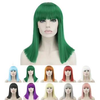 Кратък Директен Зелена перука с един балансиран бретон, изкуствена коса, Сини женски перуки за партита, cosplay-перуки