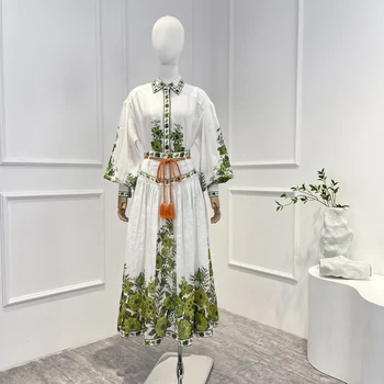 Жена комплект Ramie White Foldes с дълъг ръкав-фенерче, пролет-лято 2023, благородна Зелена блуза с флорални принтом и пола midi