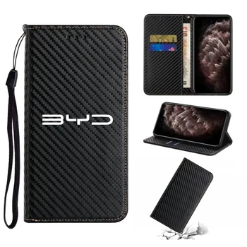 Луксозен калъф за телефон от въглеродни влакна BYD Car за iPhone 7 8 SE 14 13 12 11 Pro X XR XS Max, калъф за чантата си, слот за карти, Флип-кожа