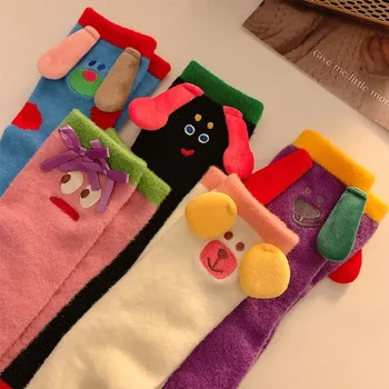 Грозни Сладки забавни плюшени чорапи, дамски чорапи със средна дължина, Малки Сладки чорапи за сън, за двойки, топли дебели есента и зимата