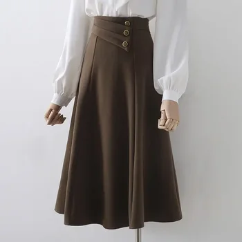 Модни обикновена асиметрични поли копчета, дамски дрехи, есен-зима, Свободна офис пола с висока талия за дама P562