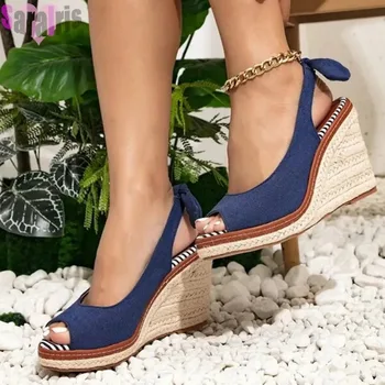 2023, Пролетни нови дамски сандали на танкетке в римски стил с каишка отзад под формата на рибено устата, Дамски обувки, сандали големи размери в плоска подметка