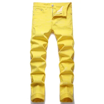 Европейският Американски стил, Пролет-лято, улични мъжки дънки с цифрово принтом, жълти младежки модни ежедневни панталони с еластичен ластик със средна талия.
