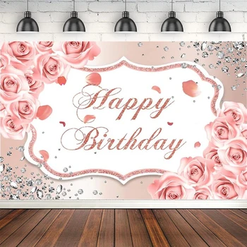 Розово-златист фон за снимки на рожден Ден, блестящи диаманти, Розово цветен фон за момичета, банер за десерт на масата