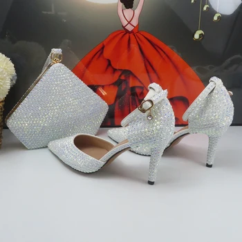 Комплект сватбени обувки и чанти White AB Bling Bridals, дамски официални обувки на тънък ток с каишка на щиколотке, подходяща чанта, обувки-лодка с остри пръсти