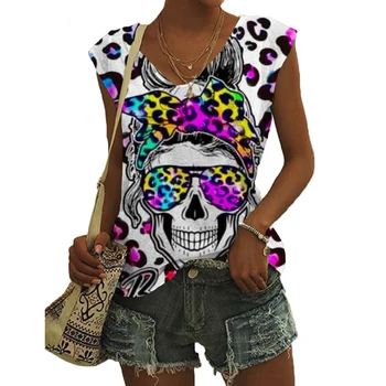 Забавен Секси леопардовый разпечатки с Черепи и принтом Скелета, Реколта женска риза без ръкави, Летни тениски за момичета 2023 90-те години, свободни жилетки за момичета