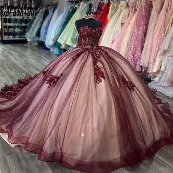 Елегантни бордо рокли Quincenara за дебют Със сладък цветен аппликацией Sweet 16 абитуриентски рокли, пищни рокля 2024 г.